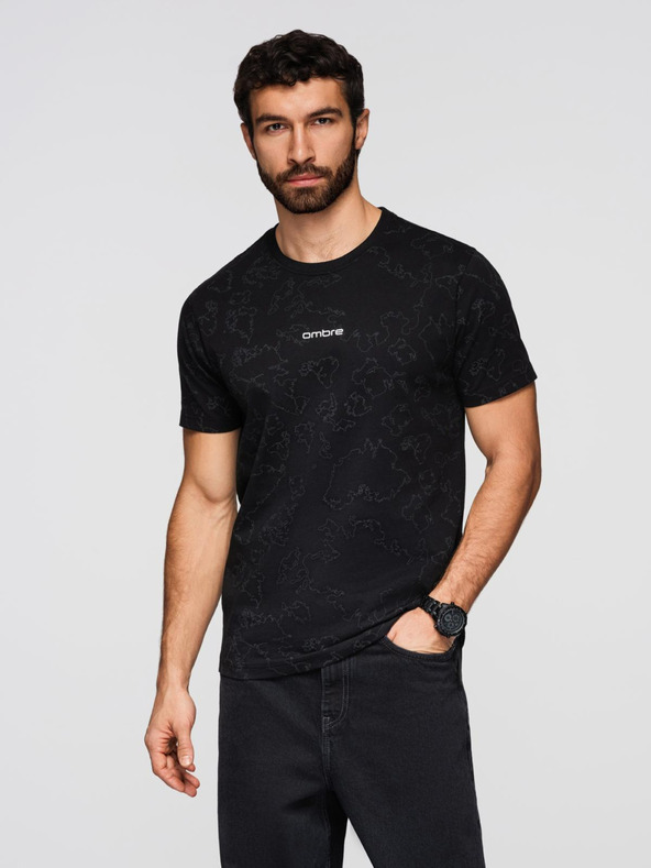 Ombre Clothing Moška bombažna majica s celovitim tiskom in napisom "ombre" na prsih - črna V1 OM-TSFP-0263 Ombre Clothing