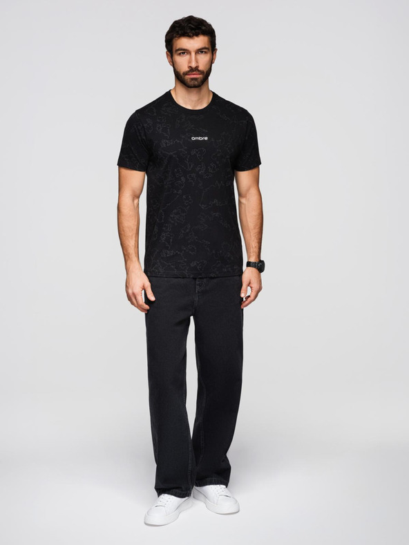 Ombre Clothing Moška bombažna majica s celovitim tiskom in napisom "ombre" na prsih - črna V1 OM-TSFP-0263 Ombre Clothing
