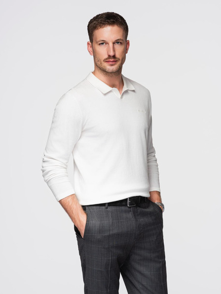 Ombre Clothing Moški polo pulover z vezilko na prsih - bel V2 OM-POLS-0140 Ombre Clothing