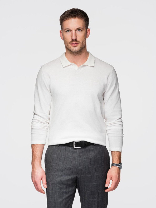 Ombre Clothing Moški polo pulover z vezilko na prsih - bel V2 OM-POLS-0140 Ombre Clothing