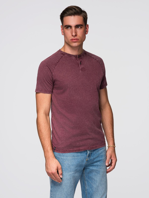 Ombre Clothing Moška majica s pranjem efektom in gumbi pri izrezu - vinsko rdeča V3 OM-TSWT-0150 Ombre Clothing
