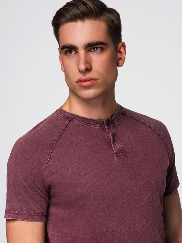 Ombre Clothing Moška majica s pranjem efektom in gumbi pri izrezu - vinsko rdeča V3 OM-TSWT-0150 Ombre Clothing