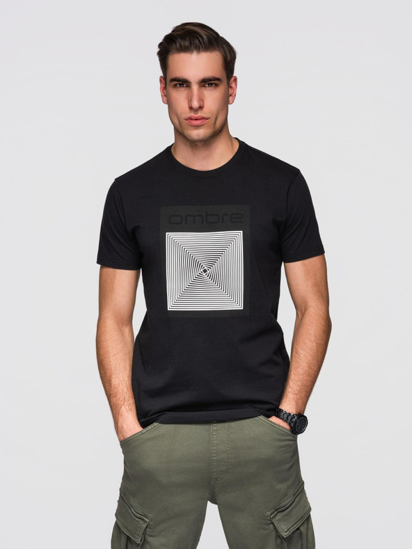 Ombre Clothing Moška bombažna majica z geometrijskim tiskom - črna V1 OM-TSPT-0260 Ombre Clothing