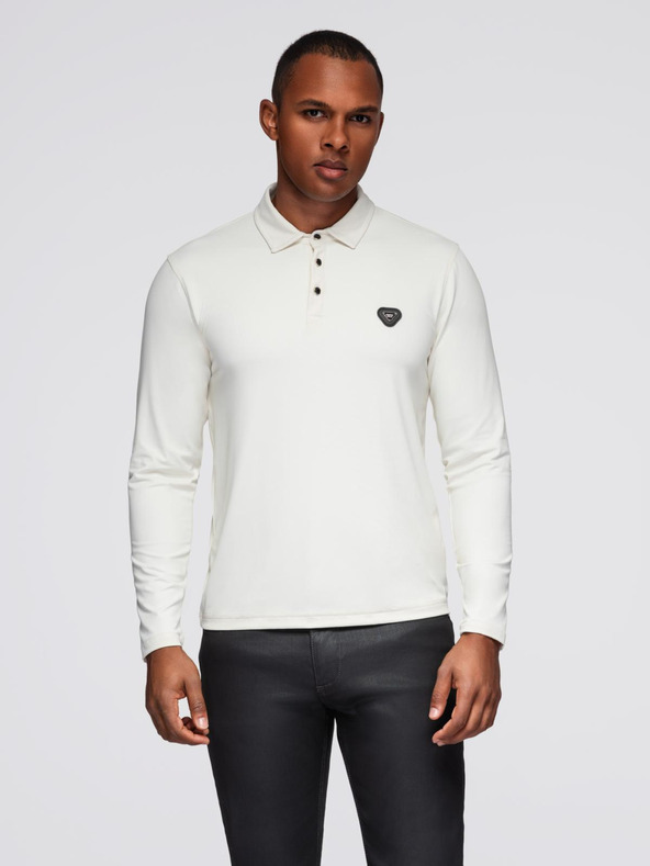 Ombre Clothing Polo srajca z dolgim rokavom in elegantnimi znamčnimi gumbi - kremna V2 OM-POLS-0139 Ombre Clothing