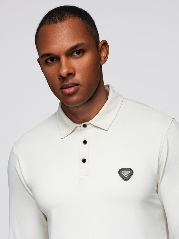 Ombre Clothing Polo srajca z dolgim rokavom in elegantnimi znamčnimi gumbi - kremna V2 OM-POLS-0139 Ombre Clothing