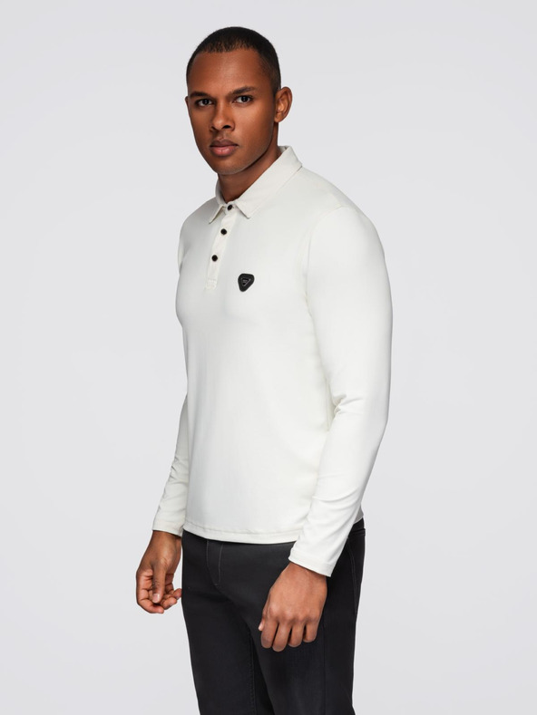 Ombre Clothing Polo srajca z dolgim rokavom in elegantnimi znamčnimi gumbi - kremna V2 OM-POLS-0139 Ombre Clothing