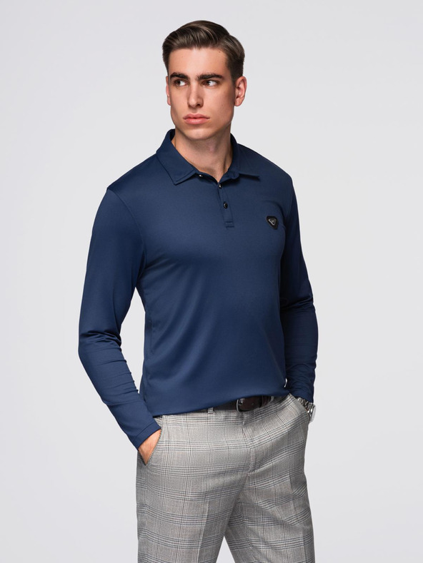 Ombre Clothing Polo srajca z dolgim rokavom in elegantnimi znamčnimi gumbi - temno modra V3 OM-POLS-0139 Ombre Clothing