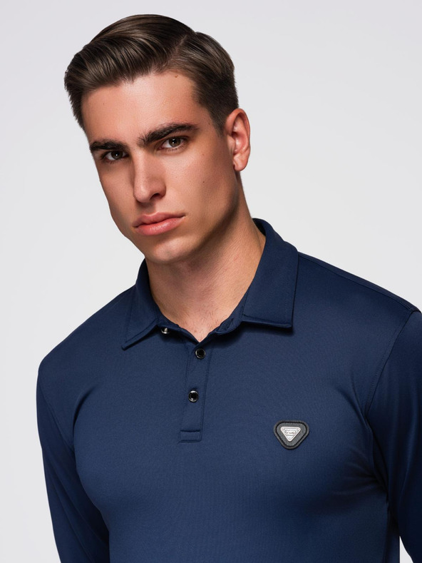 Ombre Clothing Polo srajca z dolgim rokavom in elegantnimi znamčnimi gumbi - temno modra V3 OM-POLS-0139 Ombre Clothing