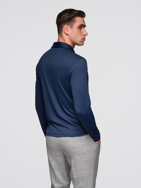 Ombre Clothing Polo srajca z dolgim rokavom in elegantnimi znamčnimi gumbi - temno modra V3 OM-POLS-0139 Ombre Clothing