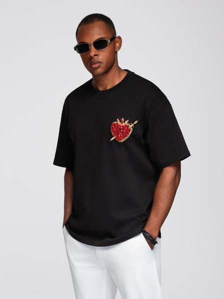 Ombre Clothing Moška bombažna majica z aplikacijo nakit na prsih - črna V1 OM-TSCT-0290 Ombre Clothing