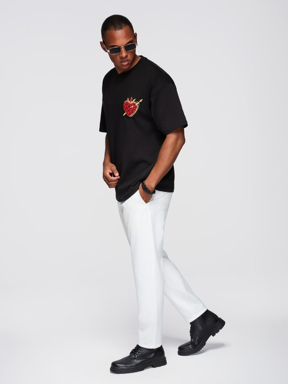 Ombre Clothing Moška bombažna majica z aplikacijo nakit na prsih - črna V1 OM-TSCT-0290 Ombre Clothing