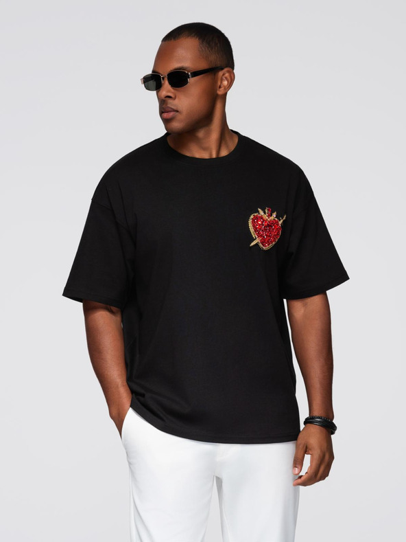 Ombre Clothing Moška bombažna majica z aplikacijo nakit na prsih - črna V1 OM-TSCT-0290 Ombre Clothing