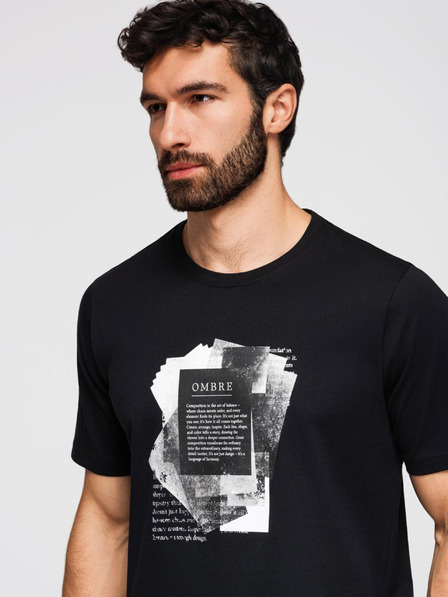 Ombre Clothing Moška bombažna majica z zanimivim tiskom na prsih - črna V1 OM-TSPT-0261 Ombre Clothing