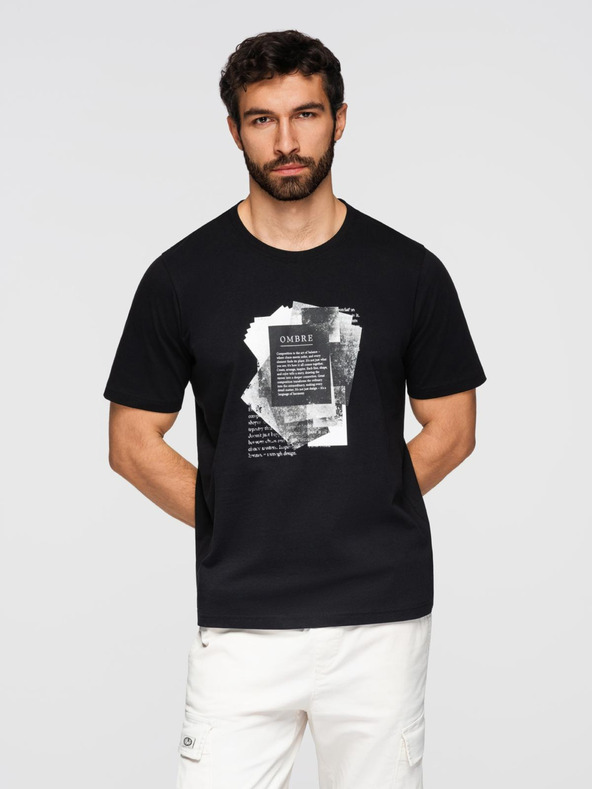 Ombre Clothing Moška bombažna majica z zanimivim tiskom na prsih - črna V1 OM-TSPT-0261 Ombre Clothing