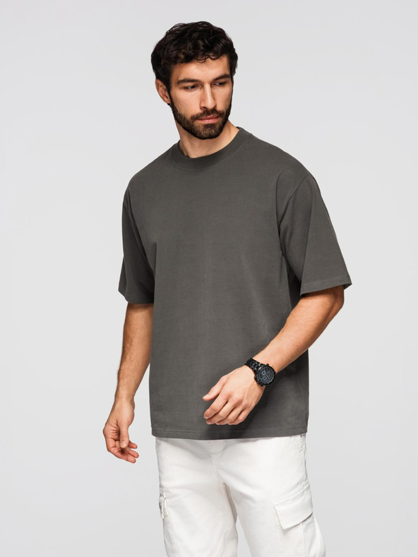 Ombre Clothing Moška bombažna majica LOOSE FIT z okroglim vratom - sivo zelena V3 OM-TSBC-0267 Ombre Clothing