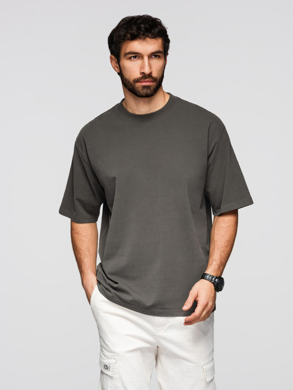 Ombre Clothing Moška bombažna majica LOOSE FIT z okroglim vratom - sivo zelena V3 OM-TSBC-0267 Ombre Clothing
