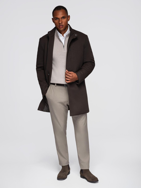 Ombre Clothing Moški strukturirani plašč z visokim ovratnikom - temno rjava V5 OM-COWC-0136 Ombre Clothing