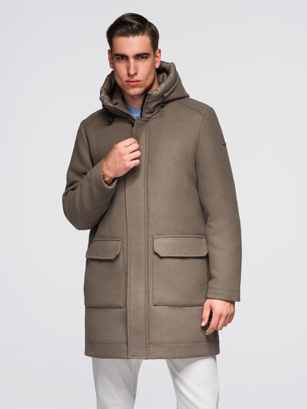 Ombre Clothing Moški volneni parka plašč s kapuco - khaki V2 OM-COWC-0132 Ombre Clothing