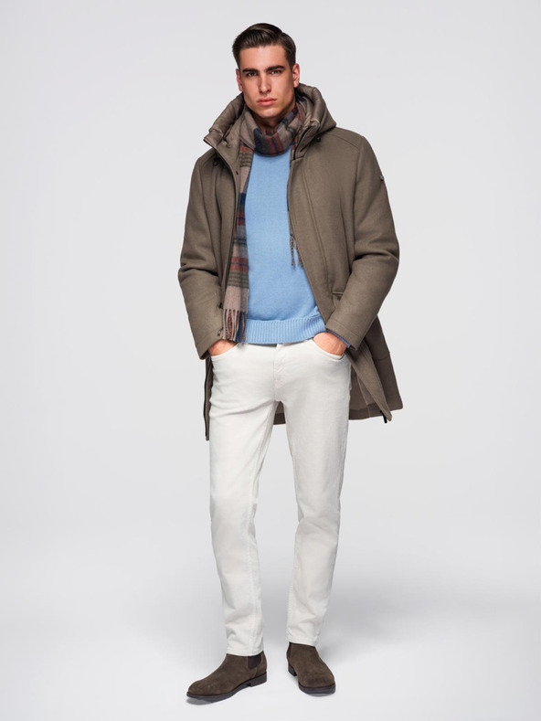 Ombre Clothing Moški volneni parka plašč s kapuco - khaki V2 OM-COWC-0132 Ombre Clothing