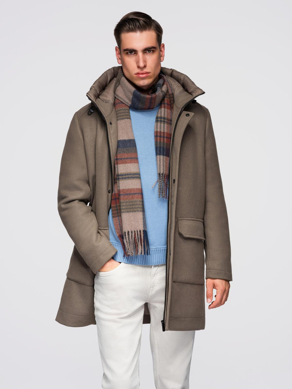 Ombre Clothing Moški volneni parka plašč s kapuco - khaki V2 OM-COWC-0132 Ombre Clothing