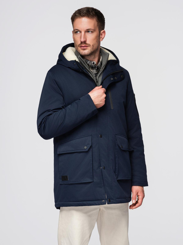 Ombre Clothing Moška dolga parka jakna z ovčje kože - temno modra V2 OM-JAPJ-0316 Ombre Clothing