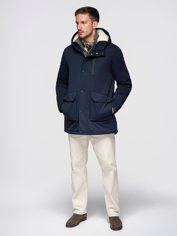 Ombre Clothing Moška dolga parka jakna z ovčje kože - temno modra V2 OM-JAPJ-0316 Ombre Clothing