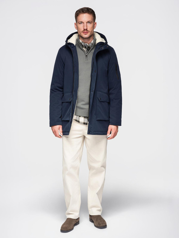 Ombre Clothing Moška dolga parka jakna z ovčje kože - temno modra V2 OM-JAPJ-0316 Ombre Clothing