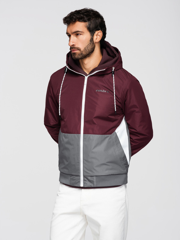 Ombre Clothing Moška lahka jakna regular fit s podlogo in kapuco - vinska siva V3 OM-JANP-0242 Ombre Clothing