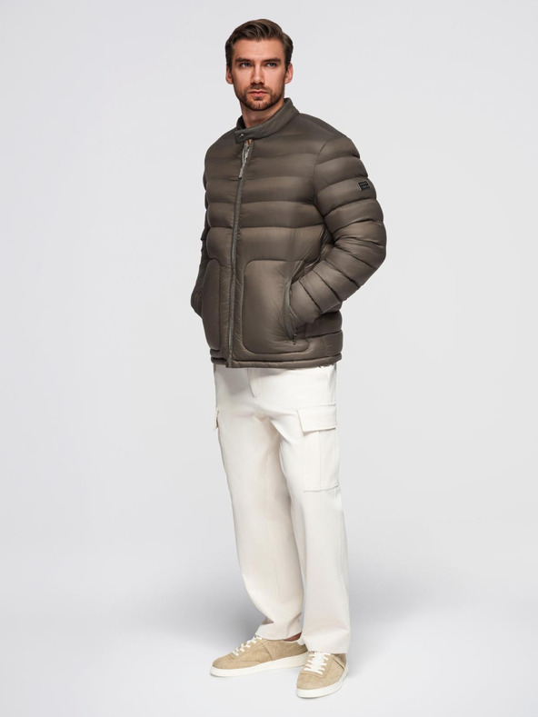 Ombre Clothing Moška klasična prešitena jakna s stoječem - olivna V3 OM-JALP-0261 Ombre Clothing