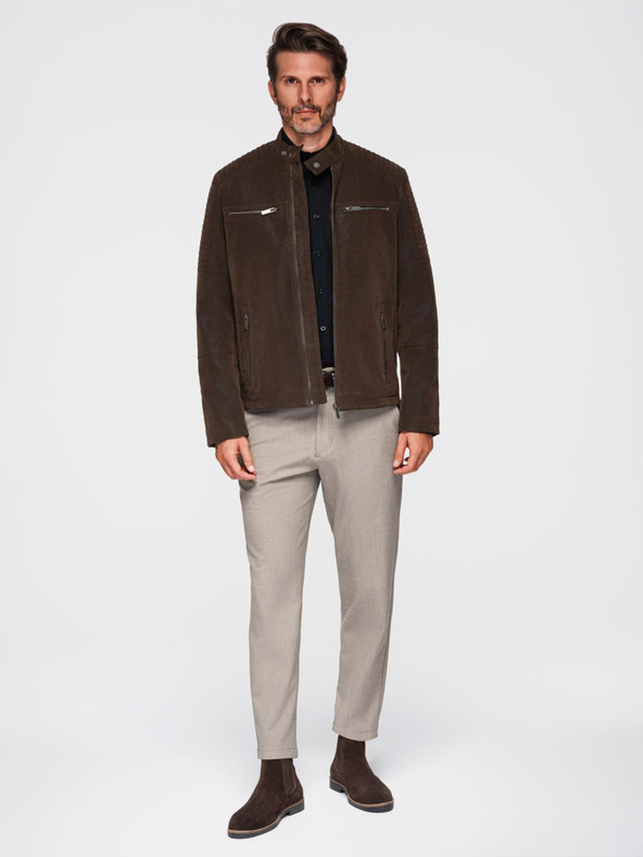 Ombre Clothing Moška stilna jakna iz umetnega usnja s stoječim ovratnikom - temno rjava V1 C637 Ombre Clothing