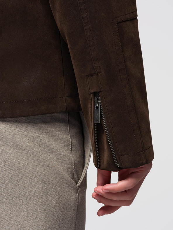 Ombre Clothing Moška stilna jakna iz umetnega usnja s stoječim ovratnikom - temno rjava V1 C637 Ombre Clothing