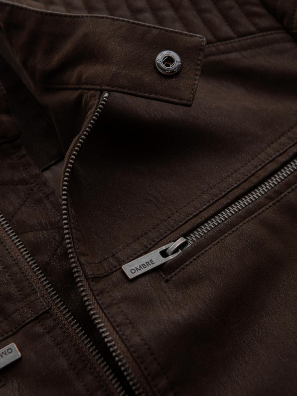 Ombre Clothing Moška stilna jakna iz umetnega usnja s stoječim ovratnikom - temno rjava V1 C637 Ombre Clothing