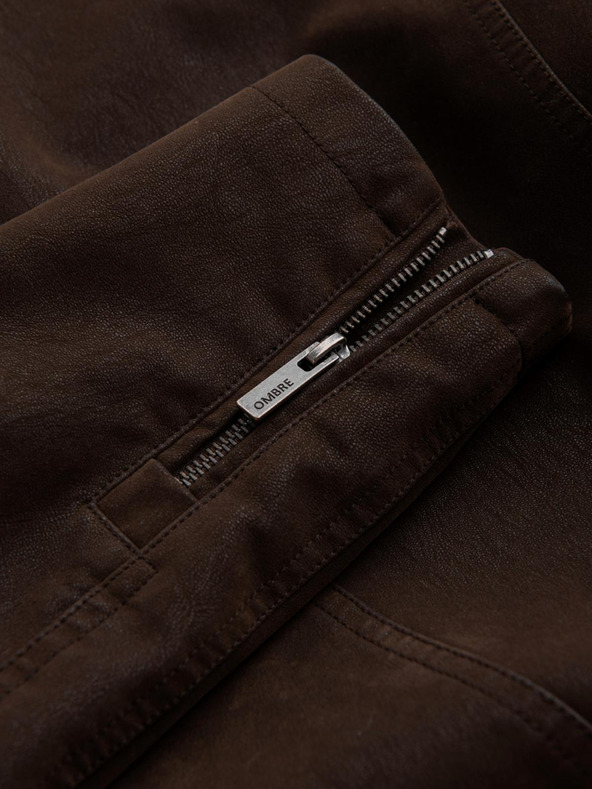 Ombre Clothing Moška stilna jakna iz umetnega usnja s stoječim ovratnikom - temno rjava V1 C637 Ombre Clothing