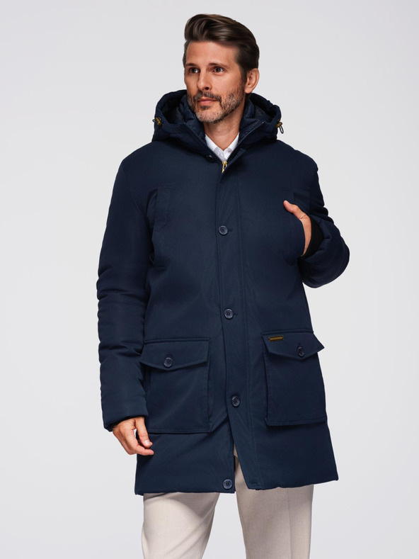 Ombre Clothing Elegantna moška parka s žepi in kapuco - temno moder V2 OM-JAPJ-0287 Ombre Clothing