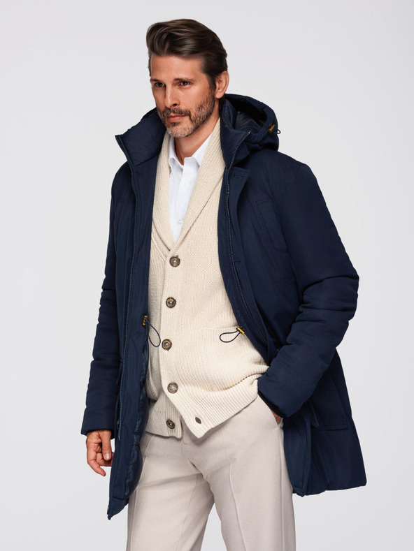 Ombre Clothing Elegantna moška parka s žepi in kapuco - temno moder V2 OM-JAPJ-0287 Ombre Clothing