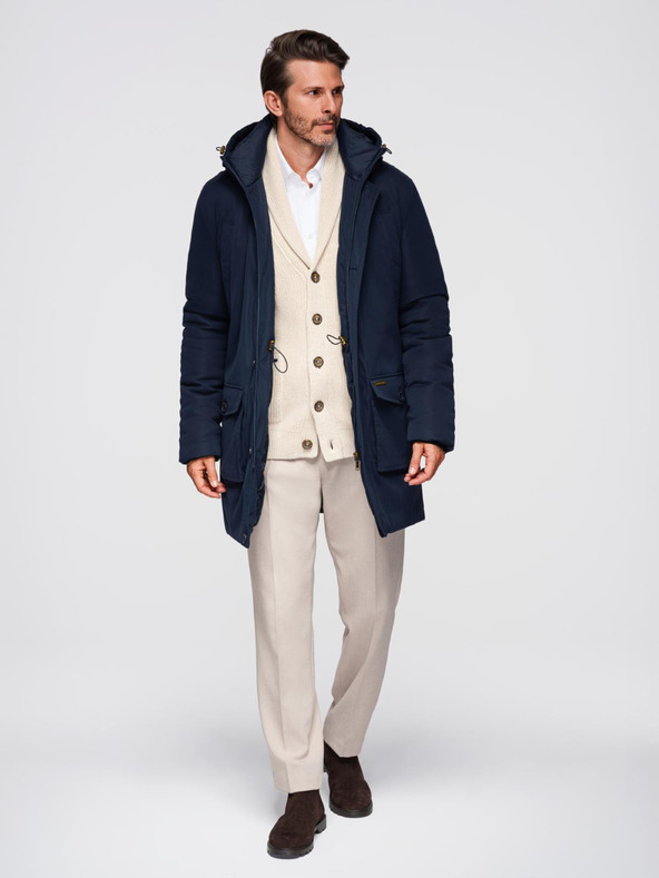 Ombre Clothing Elegantna moška parka s žepi in kapuco - temno moder V2 OM-JAPJ-0287 Ombre Clothing