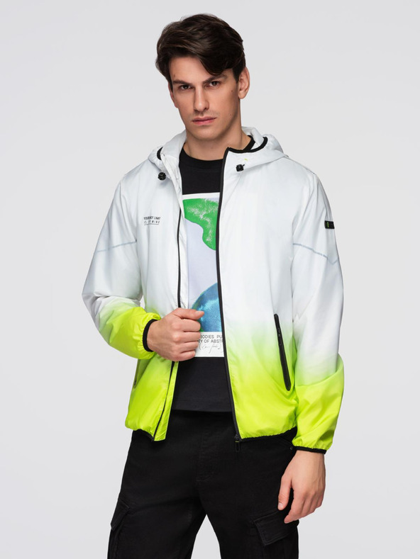 Ombre Clothing Moška športna jakna z ombre efektom in reflektivnimi elementi - bela in limetna V1 C646 Ombre Clothing