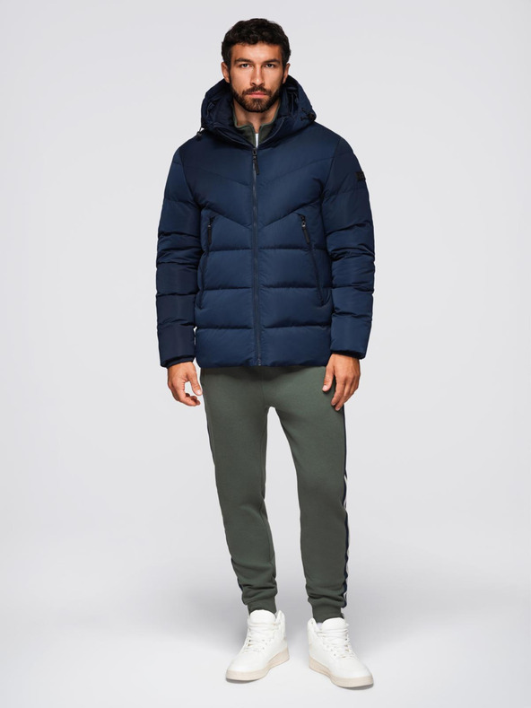 Ombre Clothing Moška jakna z asimetričnim prešitjem in kapuco - temno moder V4 OM-JAHP-0304 Ombre Clothing