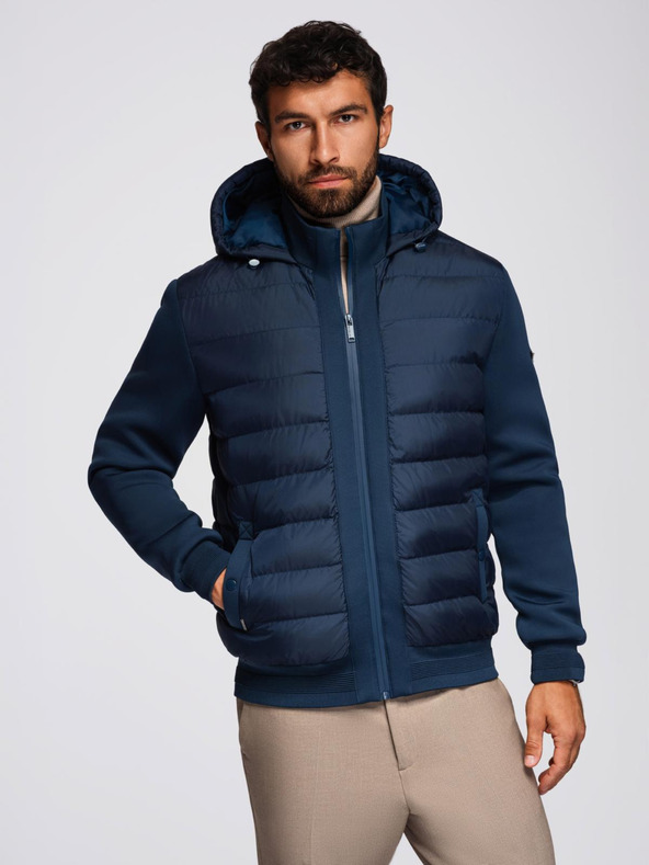 Ombre Clothing Prešívaná bunda bomber s kapuco a pletenými rukávmi - tmavo modrá V2 OM-JALP-0298 Ombre Clothing