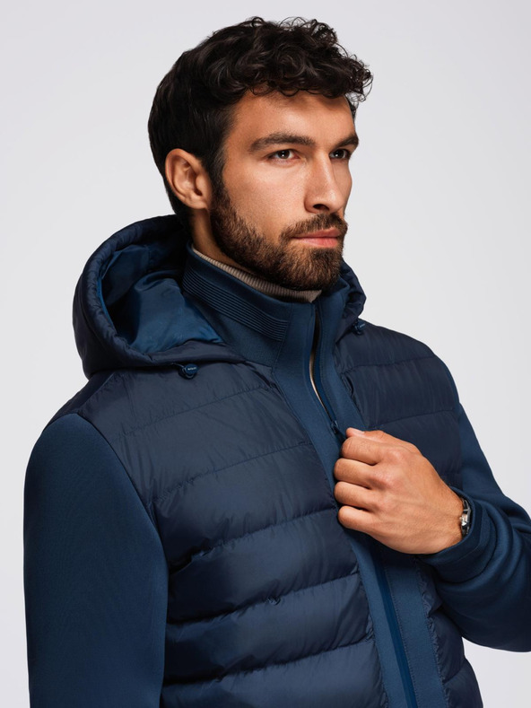 Ombre Clothing Prešívaná bunda bomber s kapuco a pletenými rukávmi - tmavo modrá V2 OM-JALP-0298 Ombre Clothing