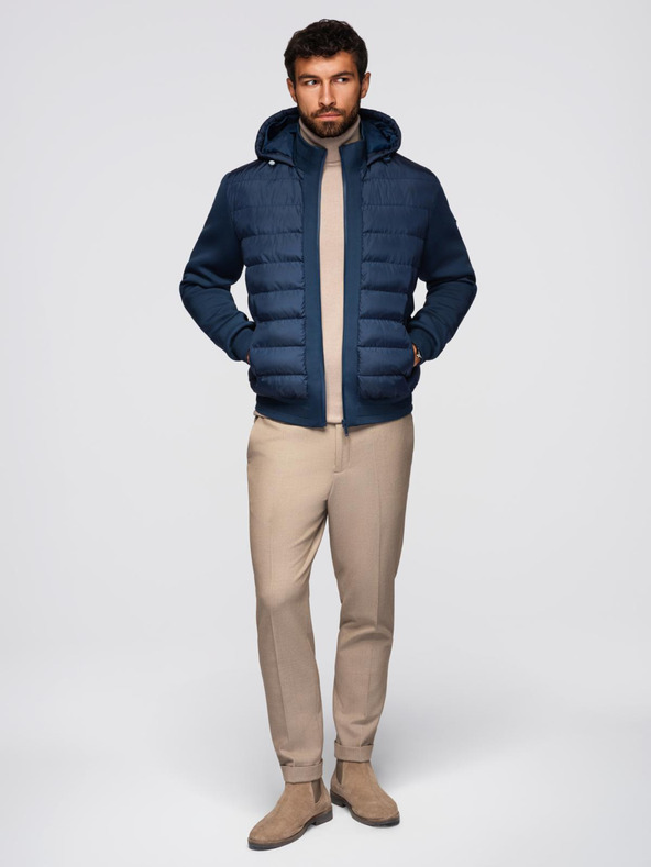 Ombre Clothing Prešívaná bunda bomber s kapuco a pletenými rukávmi - tmavo modrá V2 OM-JALP-0298 Ombre Clothing