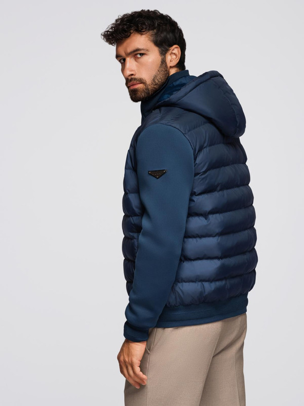 Ombre Clothing Prešívaná bunda bomber s kapuco a pletenými rukávmi - tmavo modrá V2 OM-JALP-0298 Ombre Clothing