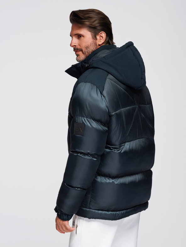 Ombre Clothing Pánska bunda s kapuco a geometrickým kosoštvorcovým prešívaním - tmavo modrá V2 OM-JAHP-0237 Ombre Clothing