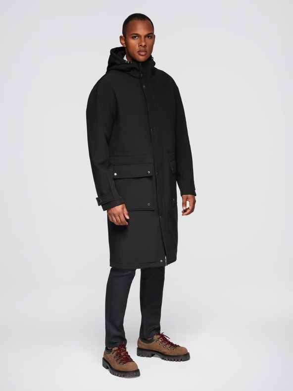 Ombre Clothing Pánsky kabát parka s flísovou podšívkou a reguláciou v páse - čierny V2 OM-JAPJ-0314 Ombre Clothing