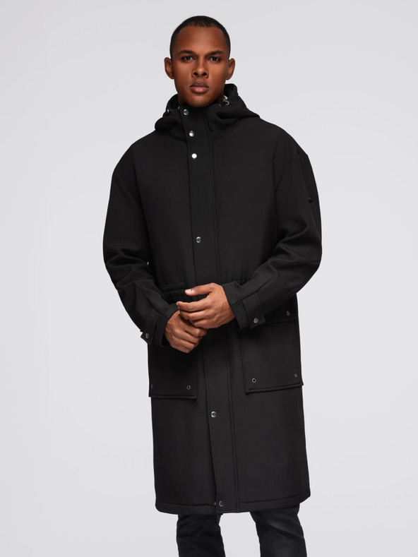 Ombre Clothing Pánsky kabát parka s flísovou podšívkou a reguláciou v páse - čierny V2 OM-JAPJ-0314 Ombre Clothing