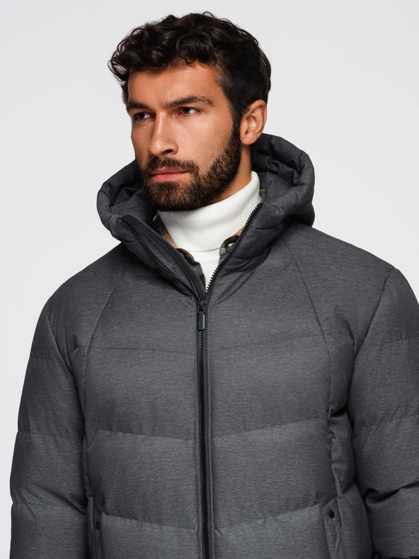 Ombre Clothing Pánska dlhá prešívaná bunda s kapuco - siva V2 OM-JALJ-0264 Ombre Clothing