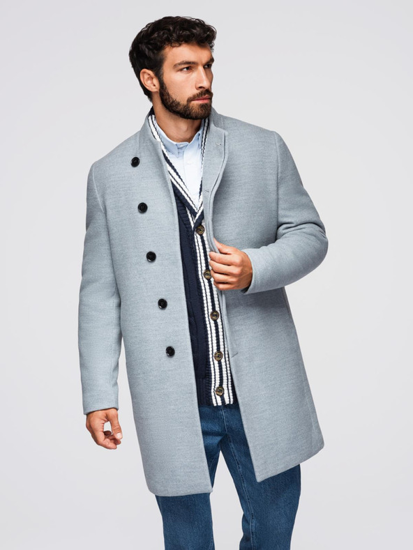 Ombre Clothing Pánsky kabát s vysokým golierom a asimetričným zapínaním - sivý melír V1 OM-COWC-0141 Ombre Clothing