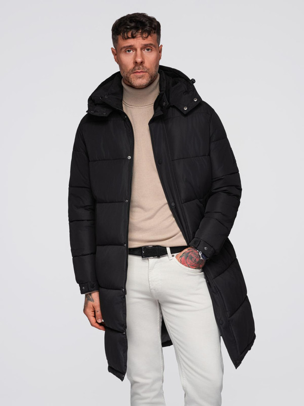 Ombre Clothing Pánska dlhá prešívaná zimná bunda s kapuco - čierna V1 OM-JALJ-0309 Ombre Clothing
