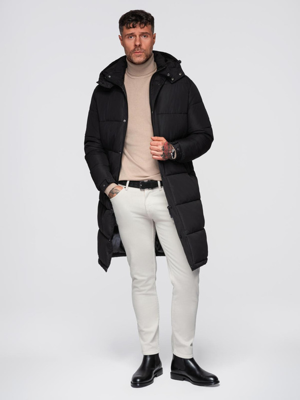 Ombre Clothing Pánska dlhá prešívaná zimná bunda s kapuco - čierna V1 OM-JALJ-0309 Ombre Clothing