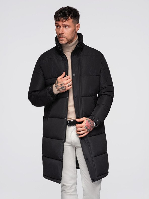 Ombre Clothing Pánska dlhá prešívaná zimná bunda s kapuco - čierna V1 OM-JALJ-0309 Ombre Clothing